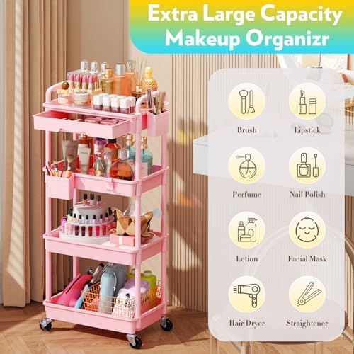SUNALLY Makeup Cart Organizer with Drawer, 4 Tier Rolling Makeup Cart, Pink - Image 4