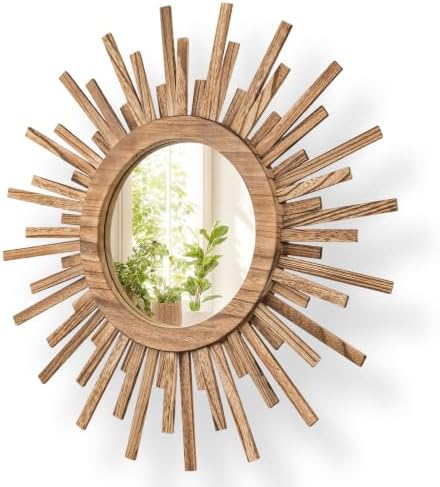 24 Inch Boho Sunburst Mirror, Round Wooden Wall Decor Starburst Sun Mirror for Bedroom, Living Room, Bathroom, Hallway, Balcony, Farmhouse Entryway, Housewarming Gift（Rustic Brown by Makelifemorewonderful