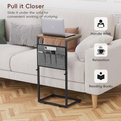 Vagusicc C Shaped End Table, Small Side Table for Couch, Adjustable Height Sofa Table with Metal Frame for Living Room, 33'' Tall Side Table for Couch, Bedroom, Bedside, Rustic Brown and Black - Image 3