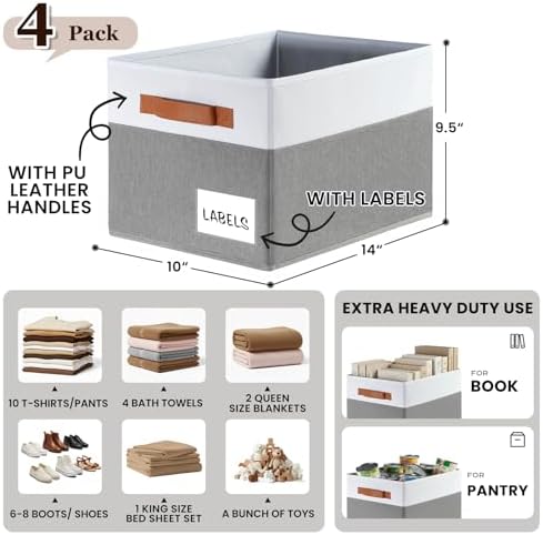 Criusia Large Closet Storage Baskets for organizing 4 Pack, Non-Dust-Absorbing Closet Shelf Organizer Bins with Handles & Labels - Decorative Collapsible Baskets for Living Room Bedroom Nursery Dorm - Image 3