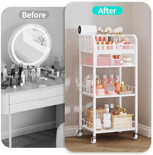 HapiRm Makeup Organizer Storage Cart - 4 Tier Skincare Make Up Storage with Drawer, Rolling Makeup Cart Vanity Organizer Cosmetics Display Cases Holder for Skin Care Perfume Nail Polish Brush - Image 4