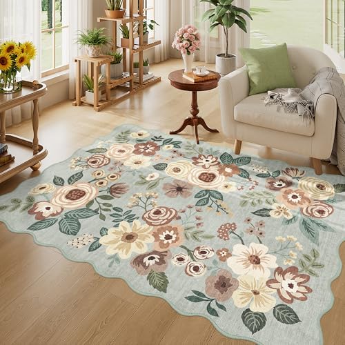 DUKINO 4x6 Area Rug, Non Slip Floral Washable Living Room Rug, Sage Green by DUKINO
