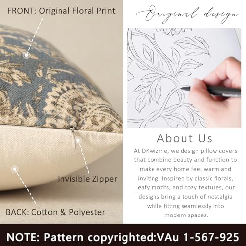 Vintage Floral Print Throw Pillow Covers 20x20 Set of 2 Neutral Modern Farmhouse Pillowcase Accent Decorative Cushion Covers Boho Home Decor for Couch Sofa Chair Bed Living Room, Dusty Blue - Image 3