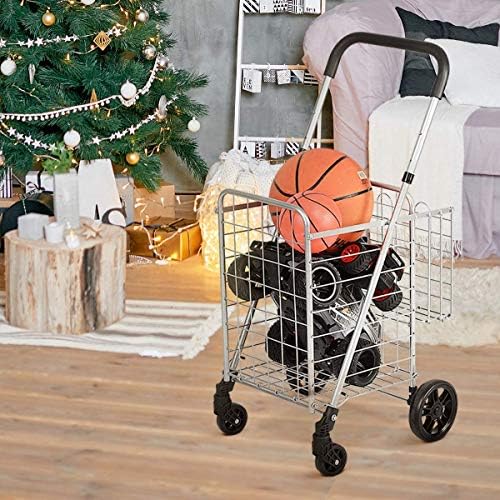 ARLIME Folding Shopping Cart, Double Basket Supermarket Cart with Adjustable Wide Cushion Handle Bar and Swivel Wheels, Suitable for Grocery Book Luggage Travel Laundry, Large Utility Carts (Silver) - Image 7