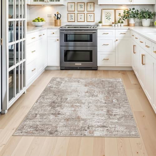 4x4 Square Entryway Rug Washable – Non-Slip Small Area Rug for Kitchen or Bathroom, Soft Low-Pile Indoor Mat, Modern Abstract Thin Door Carpet (Beige Grey) - Image 3