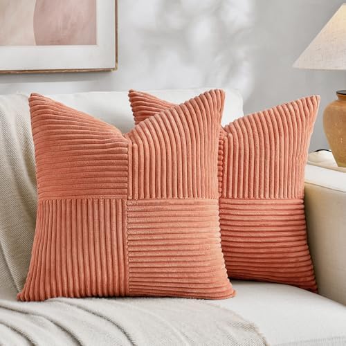Fancy Homi 2 Packs Coral Decorative Throw Pillow Covers 18x18 Inch for Living Room Couch Bed, Rustic Farmhouse Boho Home Decor, Soft Corss Corduroy Patchwork Textured Peach Cushion Case 45x45 cm by Fancy+Homi