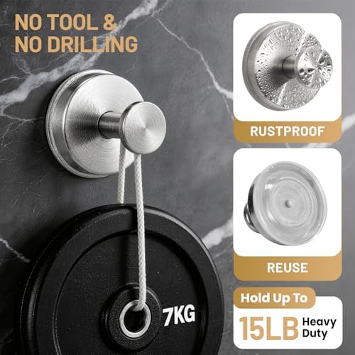 Large Suction Cup Hooks, Heavy Duty 15lb Holds Towel & Robe, No-Drill Shower Bathroom Hooks for Tile Wall Glass Mirror, Mounts on Smooth Non-Porous Surfaces (2 Pack, Brushed Nickel) - Image 2