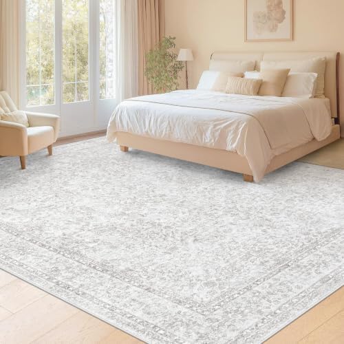 9x12 Area Rugs for Living Room: Washable Large Vintage Floral Rug Low Pile Non-Slip Boho Carpet for Bedroom Home Office Dining Room (Floral Grey, 9'x12') - Image 4