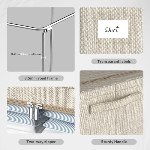 CYhom Clothes Storage Bins Box - Linen Fabric Foldable Stackable Container Organizer Set with Clear Window & Carry Handles & Metal Frame for Bedding, Blankets, Books (Beige, Medium-36L) - Image 4