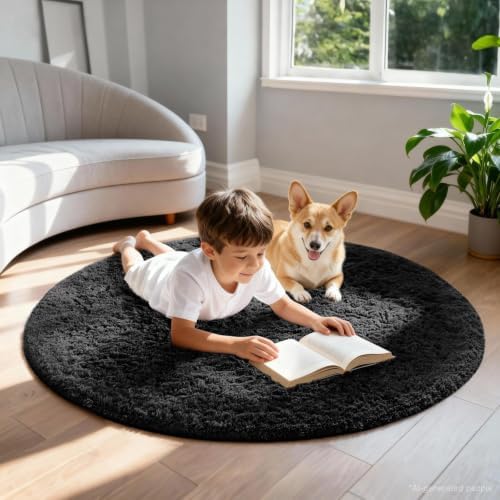 Ophanie Round Rug 4Ft Black Circle Area Rug, Room Decor for Men, Fluffy Fuzzy Bedroom Carpet, Plush Soft Shaggy Living Room Rugs for Kids Home Aesthetic, Nursery with 99 pcs Pile fibers - Image 3