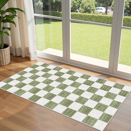 Front Door Mat Indoor Entrance - 2x4.3 Ft Green White Checkered Rug by Othilic