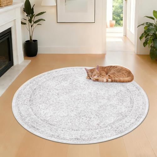 Round Rugs 4ft Vintage Floral Small Circle Rug, Washable Non Slip Soft Low Pile Stain Resistant Carpet for Living Room Bedroom Entryway Dining Room (FloralGrey, 4' Round) - Image 4