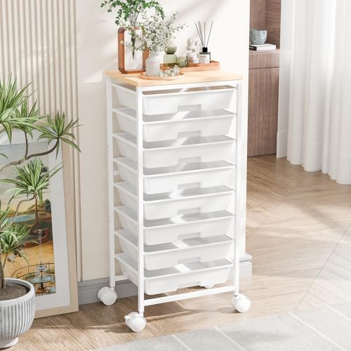 Ekisemio Rolling Cart with 8 Drawers, Storage Drawers Cart with Wooden Tabletop and Lockable Wheels, Utility Cart for Living Room, Office, Classroom, Craft Room, White by Ekisemio