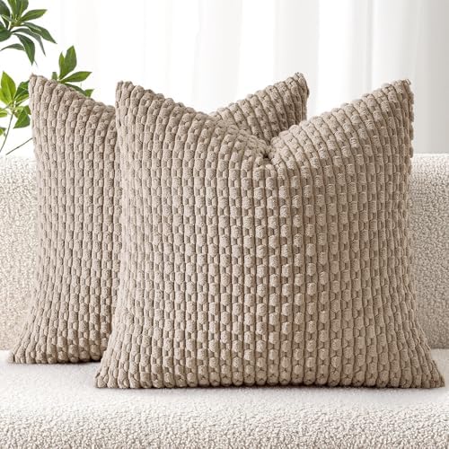 MIULEE Decorative Throw Pillow Covers 18x18 Light Brown Textured Corduroy by MIULEE