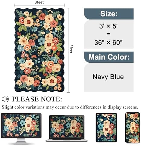 DUKINO 3x5 Area Rugs, Non Slip Floral Washable Rug for Bedroom, Navy Blue - Image 2