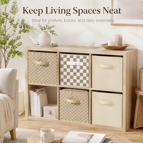 Chunful 6 Pcs 11 Inch Checkered Fabric Cube Storage Bin Brown White Plaid - Image 6