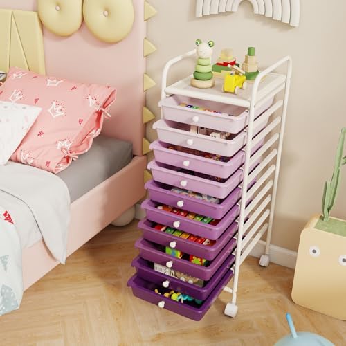 10-Drawer Rolling Storage Cart, Trolley w/Lockable 360° Wheels, 10 Removable PP Drawers, Sturdy Metal Frame, Rolling Utility Cart Perfect for Home, Office, Classroom (Gradient Purple) - Image 2