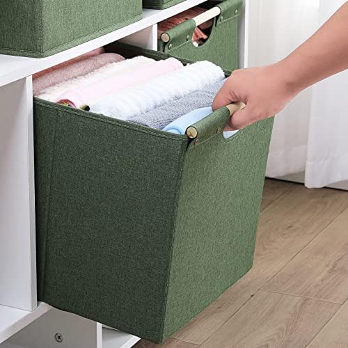 HOONEX Large Collapsible Storage Bins, Linen Fabric, Pack of 2, Storage Baskets with Wooden Carry Handles and Sturdy Heavy Cardboard, for Home, Office, Car, Nursery, Olive - Image 5