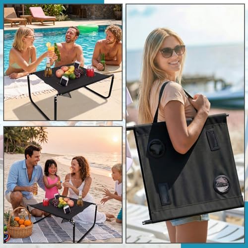 Portable Beach Table Foldable Pockets, Black, Solid Pattern - Image 4