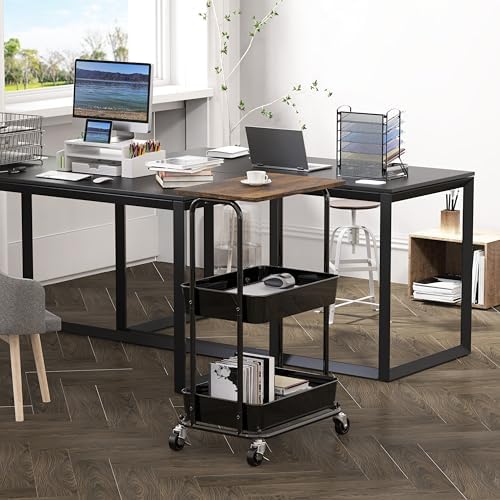 Simple Houseware 2-Tier Utility Cart Wood Top/Lockable Wheel, Rustic Brown - Image 2