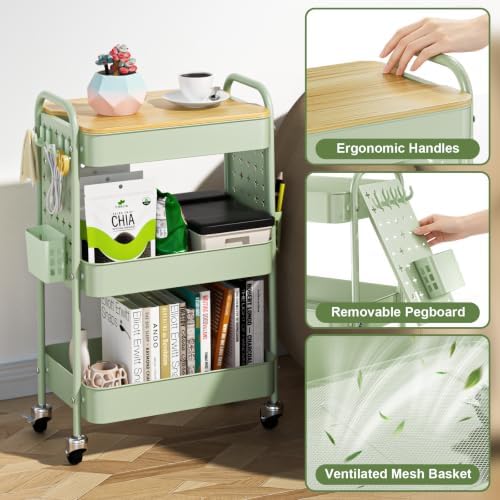 3 Tier Rolling Cart with Table top, Metal Utility Cart with DIY Pegboard - Image 3