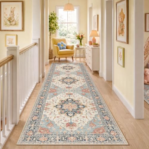 RELEANY Washable Area Rug, Runner 3'x10', Beige/Blue/Orange by RELEANY