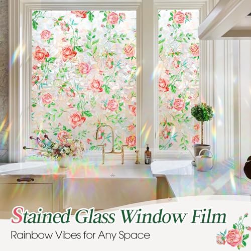Coavas Stained Glass Window Privacy Film, 3D Rainbow Floral, 29.5" x 78.7" - Image 2