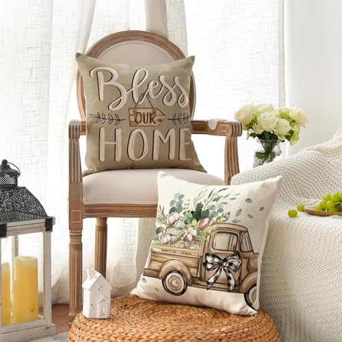 AVOIN colorlife Bless Our Home Sweet Home Farmhouse Eucalyptus Leaves Throw Pillow Covers, 20 x 20 Inch Truck Cushion Case Decorations Set of 4 - Image 3