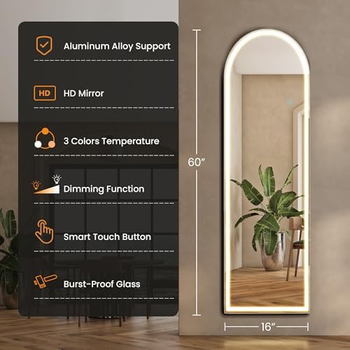 LED Arched Full Length Mirror, 60"L x 16"W Full Body Standing Mirror - Image 2