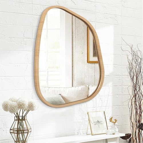 Irregular Bathroom Mirror Modern Wall Mirror Asymmetrical Wooden Framed Wall Mirror Unique Shape Wall Mounted Vanity Artistic Mirror Decor for Living Room Bedroom Entryway Large 26"x18" - Image 2