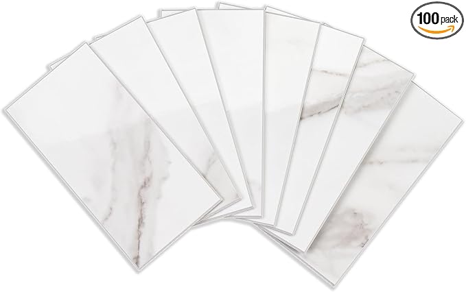 StyloVue 100 Pieces Peel and Stick Backsplash for Kitchen, 3" x 6" PVC Subway Tile 2026 Upgraded Glossy White Marble with White Grout Backsplash Stick on Tile Elevate Kitchen Fireplace RV by StyloVue