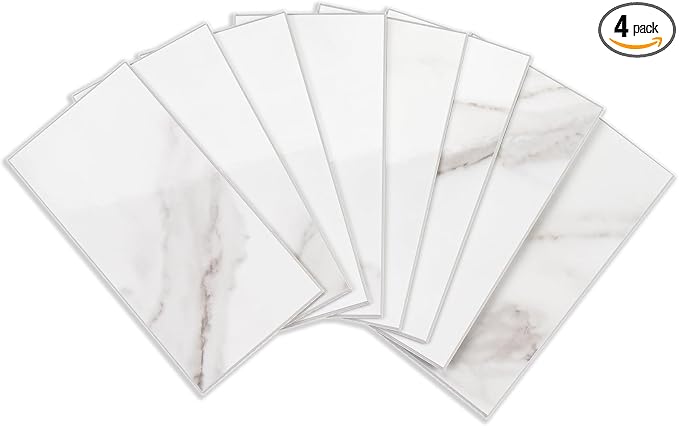 StyloVue 4 Pieces Peel and Stick Backsplash for Kitchen, 3" x 6" PVC Subway Tile 2026 Upgraded Glossy White Marble with White Grout Backsplash Stick on Tile Elevate Kitchen Fireplace RV by StyloVue