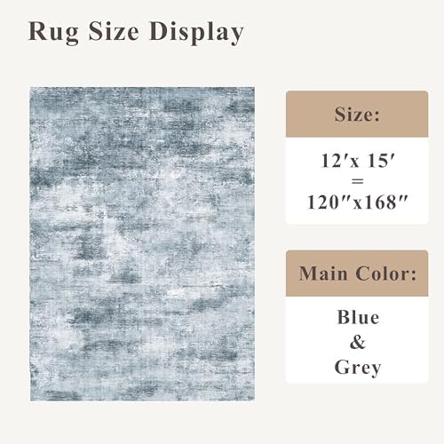 12x15 Area Rug for Living Room – Large Modern Neutral Abstract Thin Washable Carpet, Soft Low Pile Non-Slip Stain-Resistant for Bedroom Dining Room Home Office (Misty Blue Gray) - Image 2