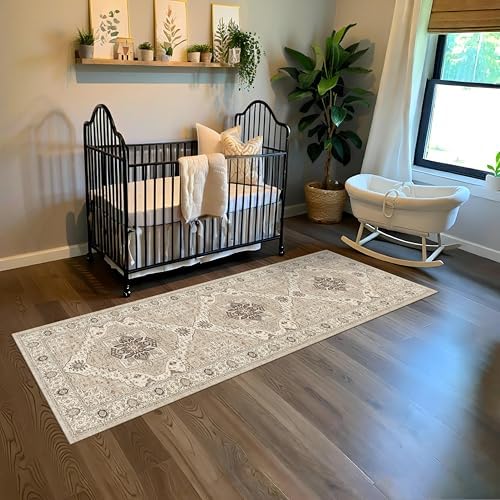 2x6 Washable Entryway Runner Rug, Vintage Non-Slip Low Pile Rugs, Beige - Image 3