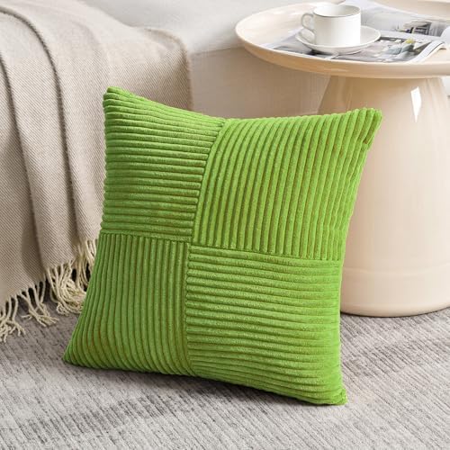 Fancy Homi Set of 2 Lime Green Euro Decorative Throw Pillow Covers 28x28 Inch for Bedroom Couch Bed, Farmhouse Boho Home Decor, Soft Cross Corduroy Patchwork Textured Square Cushion Case 71x71 cm - Image 2