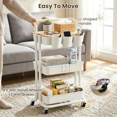 3 Tier Rolling Cart with Table Top, Utility Cart with Lockable Wheel - Image 4