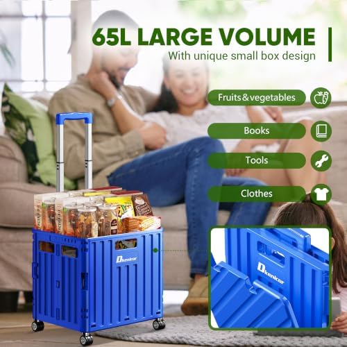 Folding Utility Cart with Lid, Portable Rolling Crate Handcart Collapsible Shopping Trolley, Durable Plastic Foldable Tool Basket with 4 Rotate Wheels for Grocery, Office, Luggage, School - Blue - Image 2