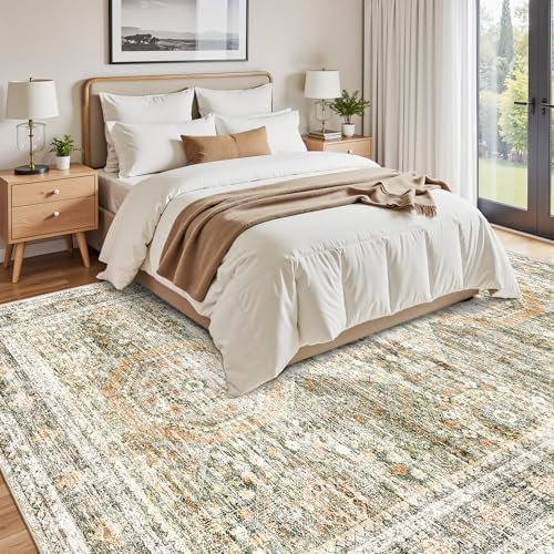 Soalmost Washable Area Rug 8x10 Large Soft Living Room Rugs Green/Orange - Image 3