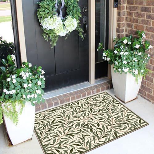 Front Door Mat Outside Entrance, 2x3 Boho Sage Olive Green Leaf Rug - Image 4