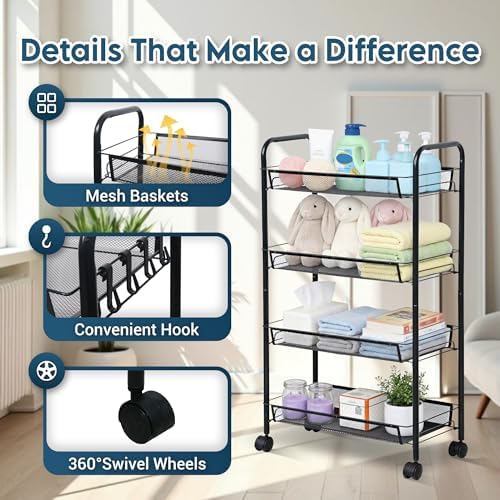 LOFTEY 4 Tier Rolling Cart, Small Metal Utility Cart with Wheels, Black - Image 5