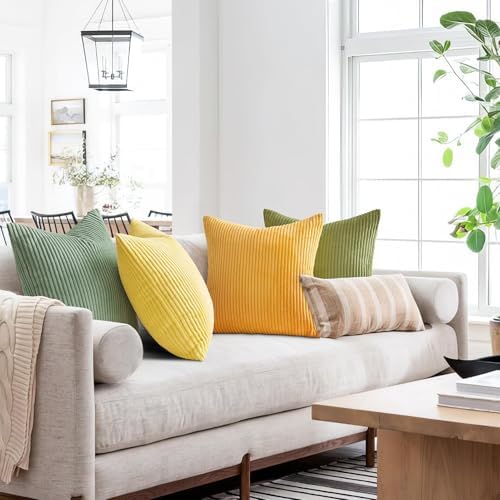 Topfinel 22x22 Decorative Large Throw Pillows Covers Set of 4,Yellow Green Mix Design Corduroy Bed Cushion Case,Couch Sofa Living Room Euro Shams No Insert,Summer Home Decor - Image 4