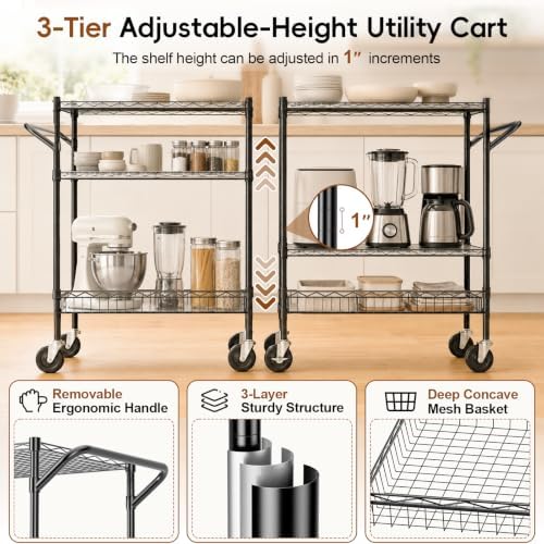 3-Tier Kitchen Storage Cart with Wheels, Rolling Utility Cart - Image 3
