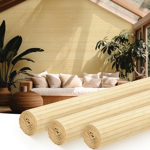 Juexica 3 Pcs Natural Bamboo Wall Panel for Interior Wall 48''x96'' Bamboo Covering Renewable Pole Wainscoting Room Divider Wrap Decor for Bedroom Living Room Kitchen Island Office (Raw) by Juexica