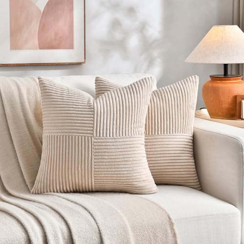 Fancy Homi 2 Packs Tan Decorative Throw Pillow Covers 16x16 Inch for Living Room Couch Bed Sofa, Farmhouse Boho Home Decor, Soft Corss Patchwork Corduroy Textured Square Beige Cushion Case 40x40 cm - Image 7