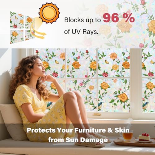 Donox Stained Glass Window Film, Floral Pattern Rainbow Light Decorative Cling, UV Block Privacy Film, Static Cling Removable No Glue for Living Room Home Office, 23.6 x 157.4 Inches - Image 3