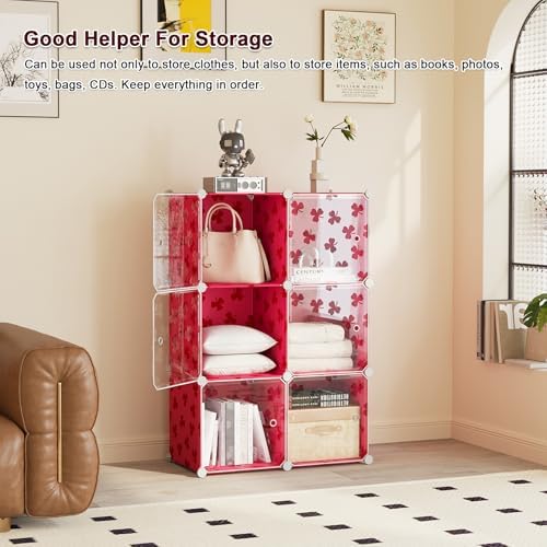 C&AHOME Clover Embossed 6-Cube Storage Organizer with Doors Cube Shelf Red - Image 4