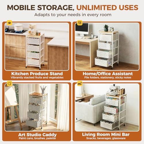 5 Tier Kitchen Storage Cart with Wheels, Utility Fruit Vegetable Storage Rack Stand with Pull-Out Baskets & Wood Top, Metal 4-Drawers Rolling Snack Cart, Kitchen Cart for Potato Onion(White) - Image 5
