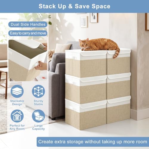 Bagnizer Large 17" 42 Quarts Collapsible Stackable Storage Bins with Lids [3-Pack] Foldable Fabric Linen Storage Boxes Cube, Closet Organizer Baskets with Label (16.7 x 12 x 12, Beige & White) - Image 4