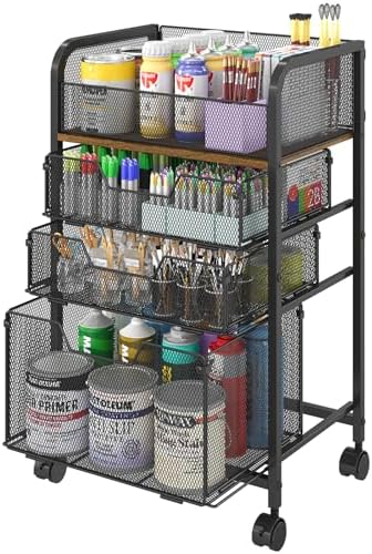 4-Tier Rolling Utility Cart with 3 Drawers-Craft Organizers and Storage with 360° Lockable Wheels,Art Supply Storage Organizer for Art Supplies, Store for Brushes & Paints & Artifacts Patent Pending by FollowWithYociyogaTogether
