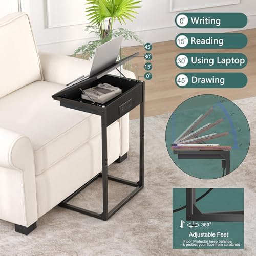 sthmec C Shaped End Table with Charging Station, 45° Tiltable Adjustable Flip Top Side Table with Storage,Small C Table for Small Spaces,Slide Under Couch Sofa Bedside Table for Living Room, Black - Image 4